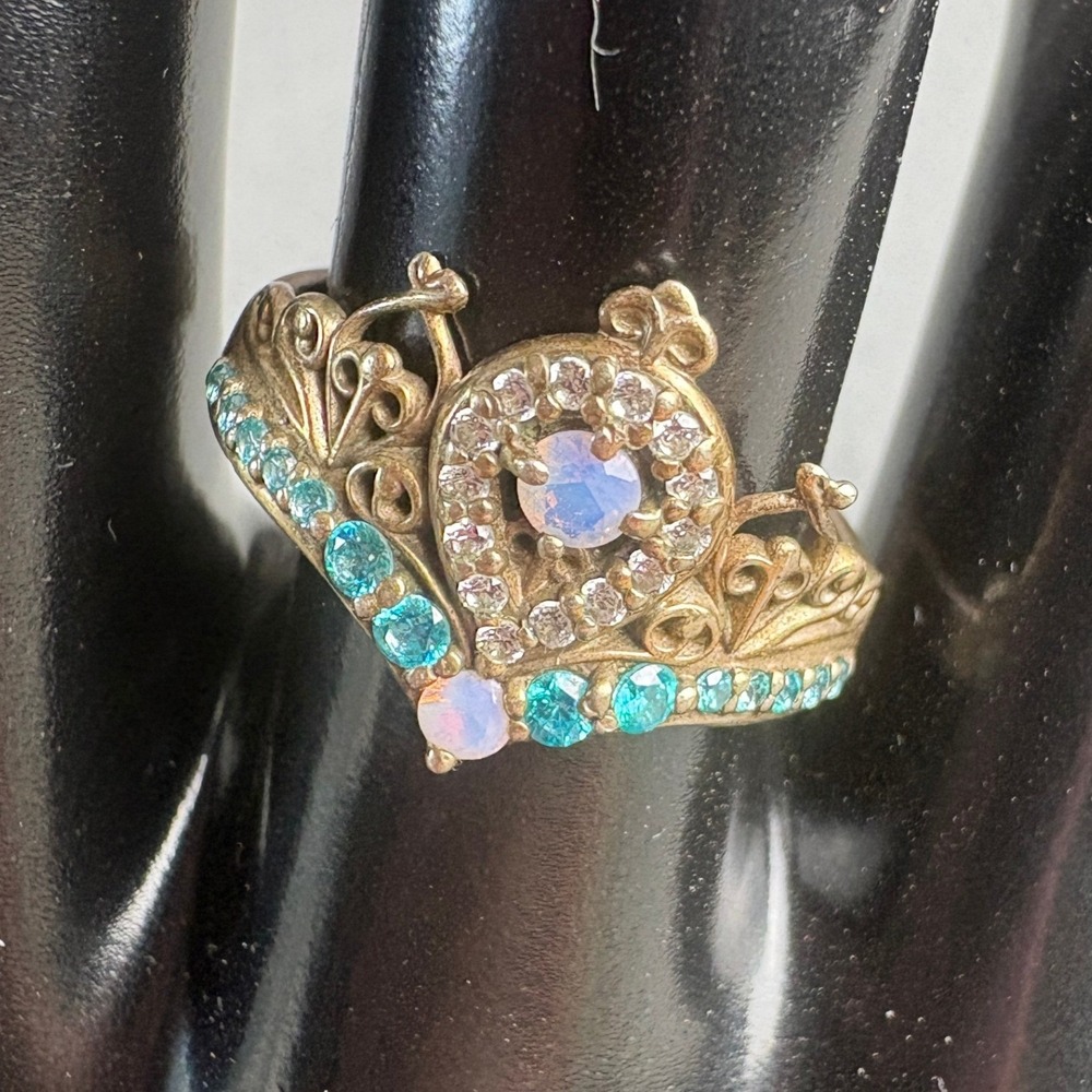 TSD Sterling Silver 925 Crown Tiara Ring Opal Teal Crystal Gold Tone Size 8.25